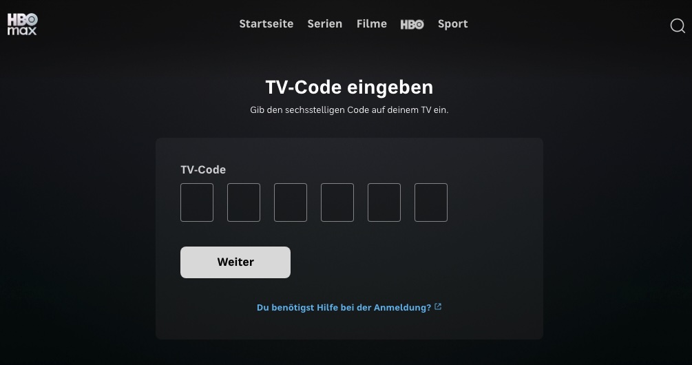 HBO Max enter code on TV