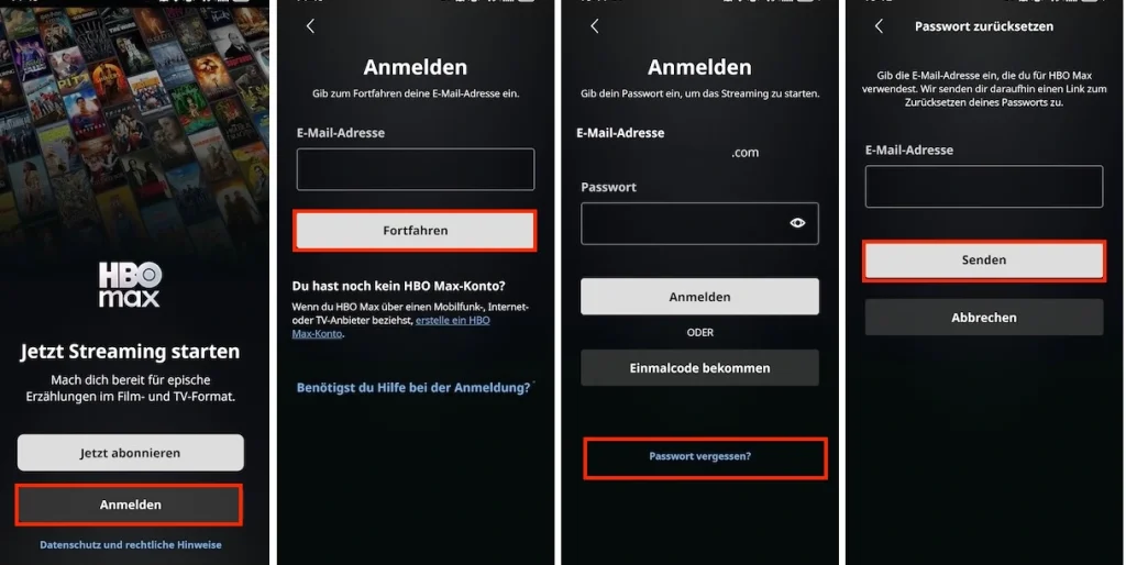 reset HBO Max password mobile