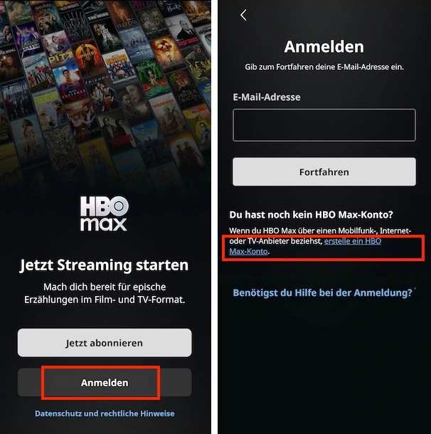 sign into HBO Max with provider on mobile