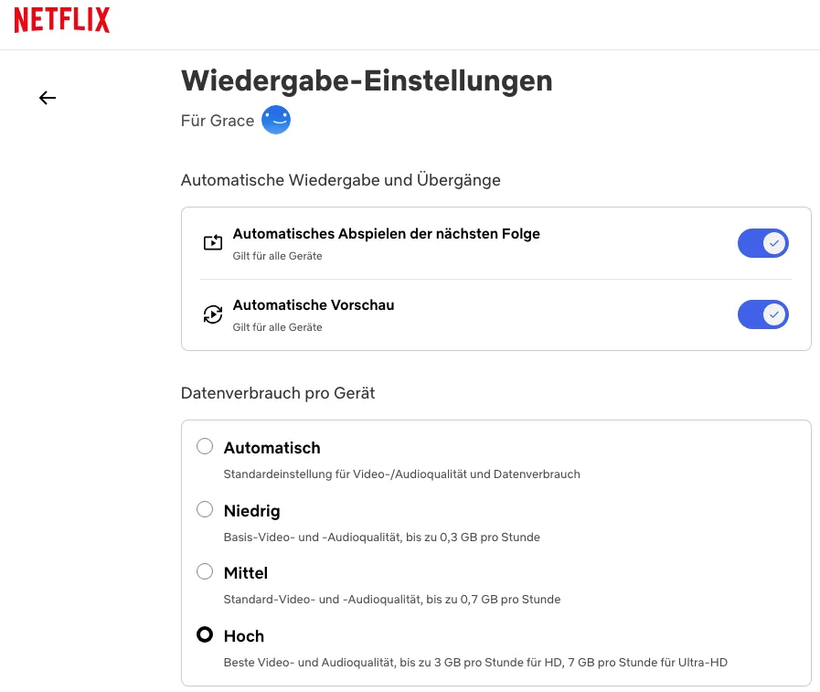 Netflix-Qualitätseinstellungen