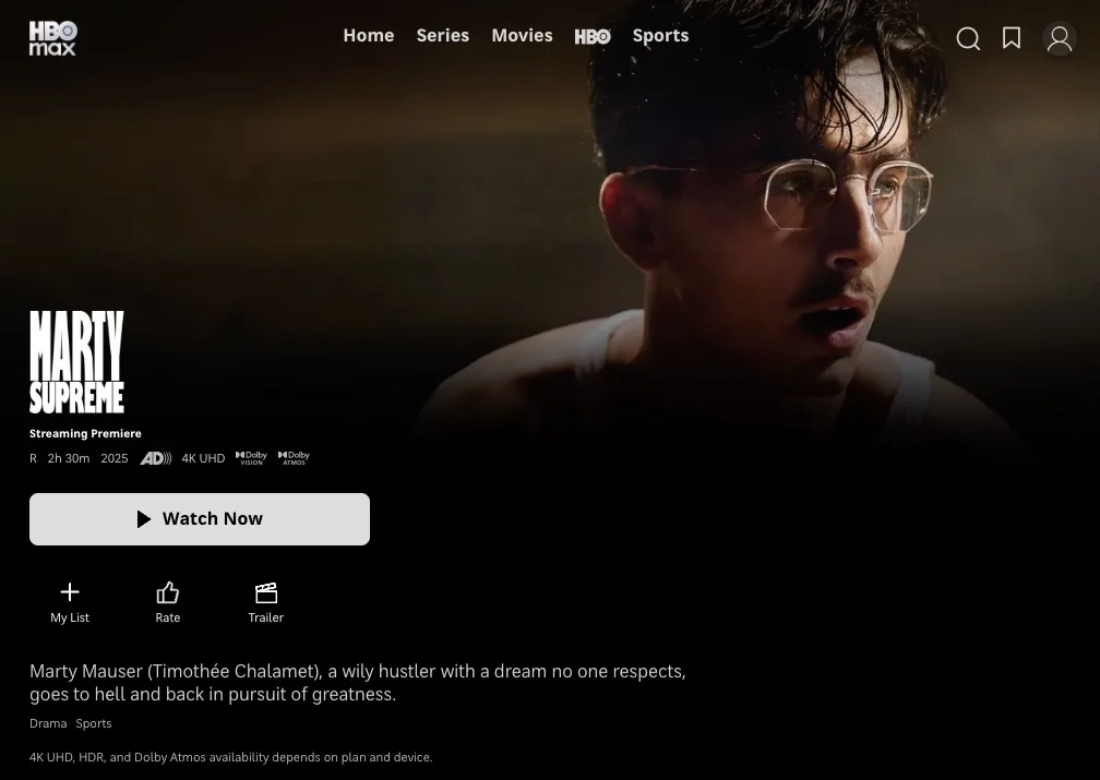 4K Movies on HBO Max: Marty Supreme