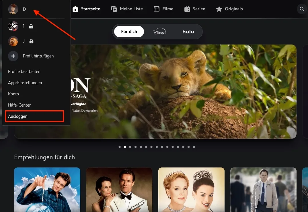 Melden Sie sich auf der Disney+-Website ab.