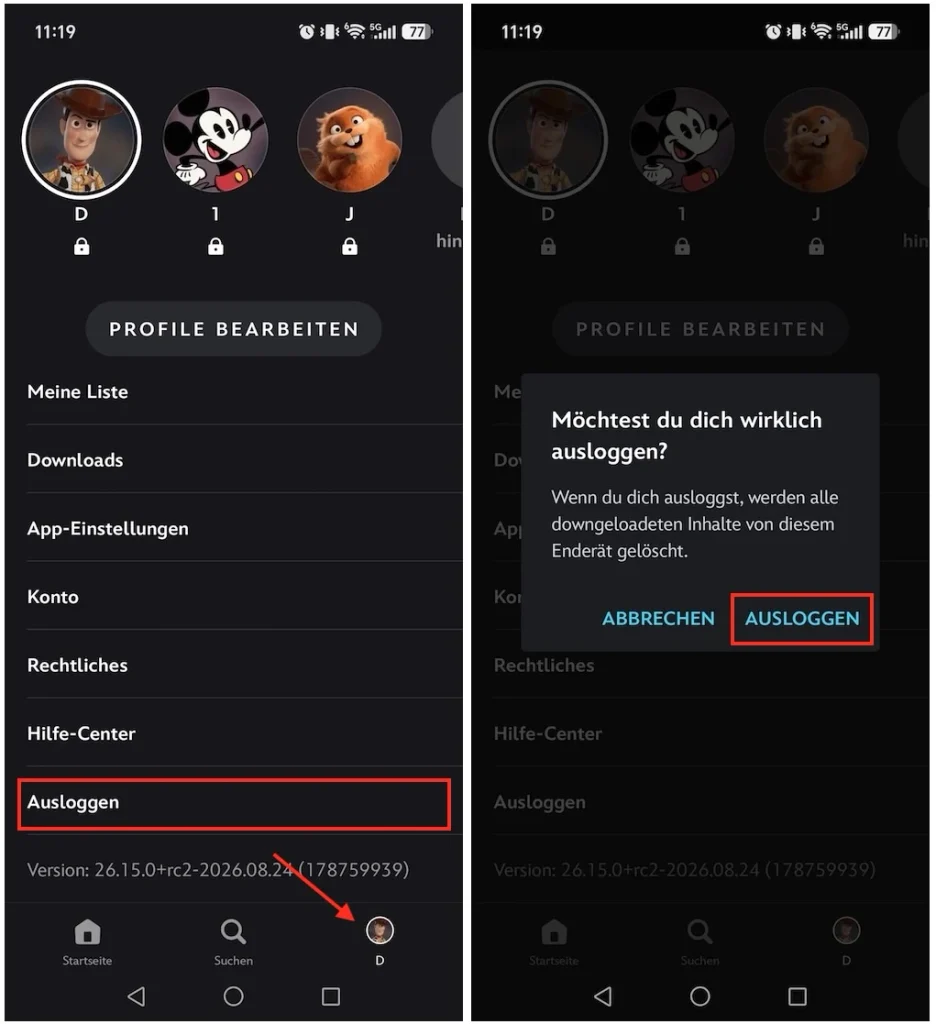 Melde dich auf deinem Mobilgerät von Disney+ ab.