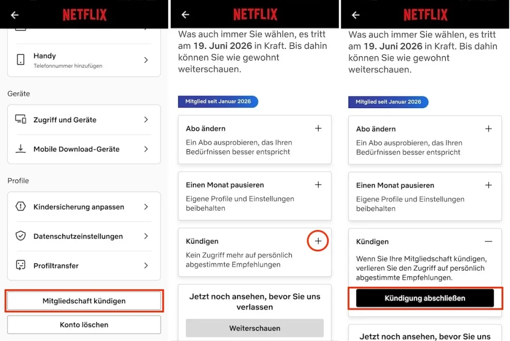 Netflix über die mobile App kündigen