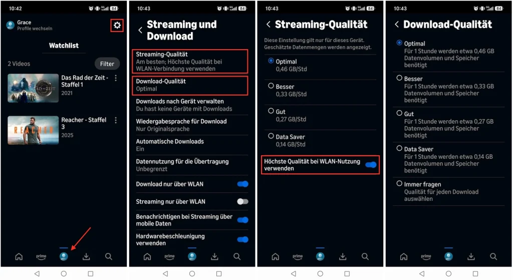 Prime-Videoqualität auf Android ändern