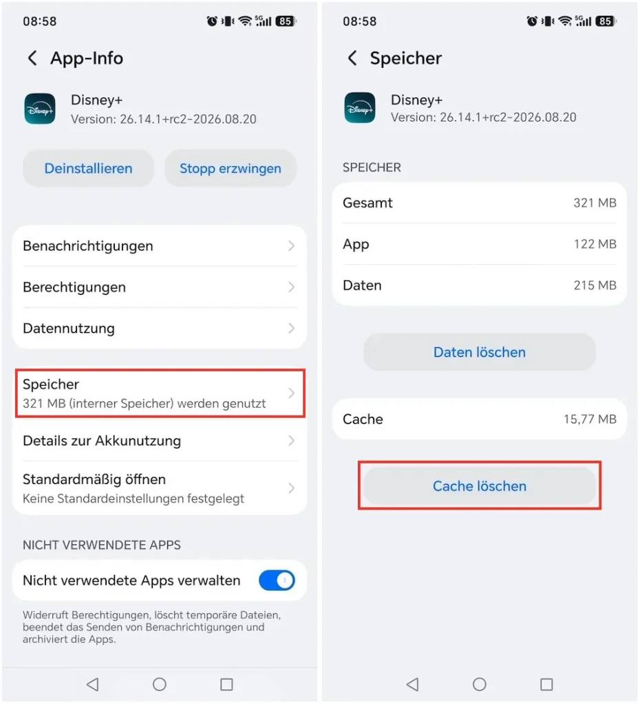 Disney+ Cache l&ouml;schen