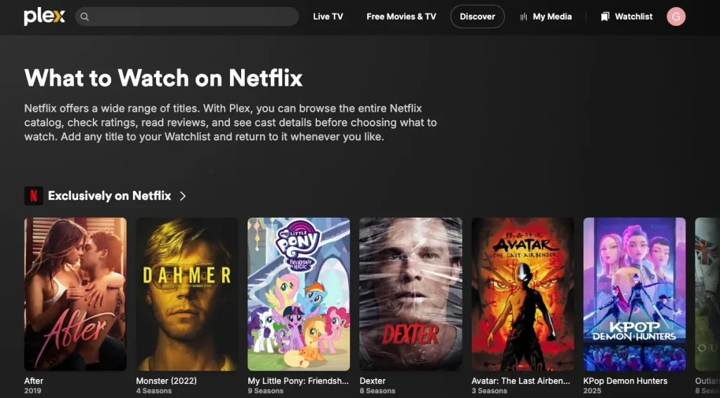 Browse Netflix titles on Plex