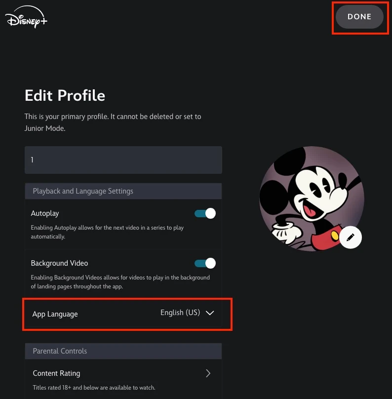 change Disney+ app language