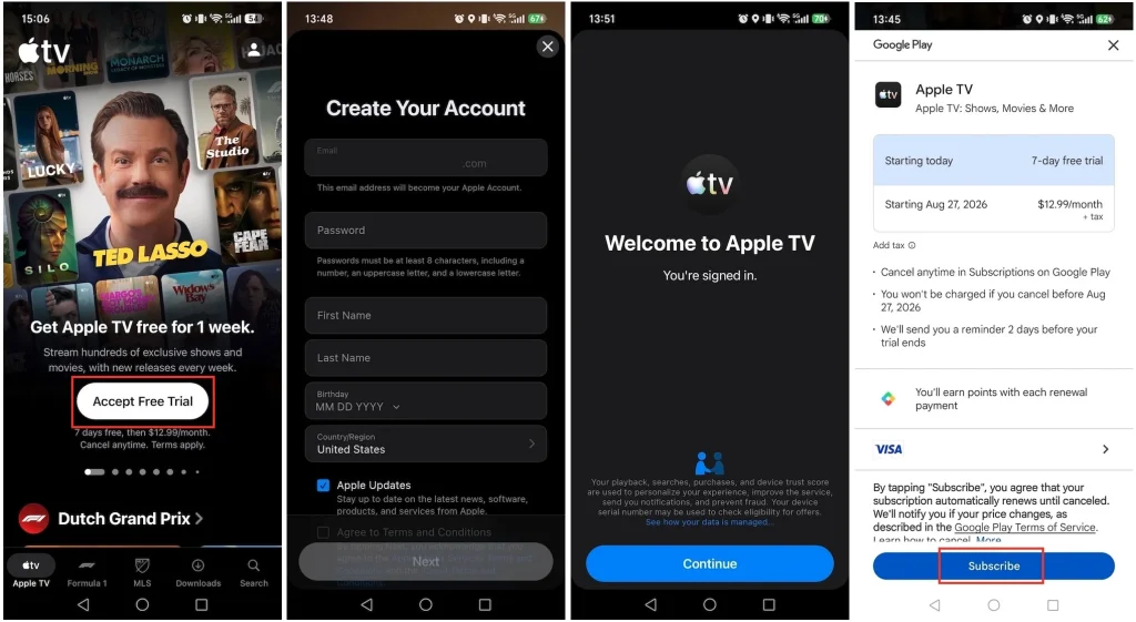 Subscribe to Apple TV Android app