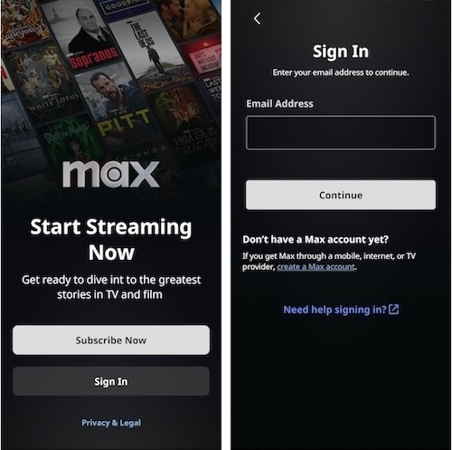 sign into max mobile