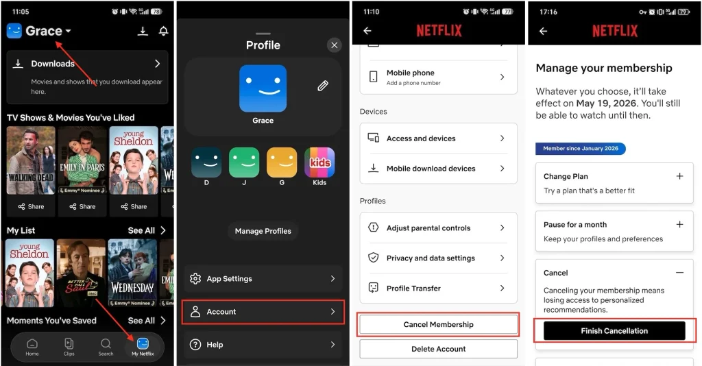 Cancel Netflix on mobile device