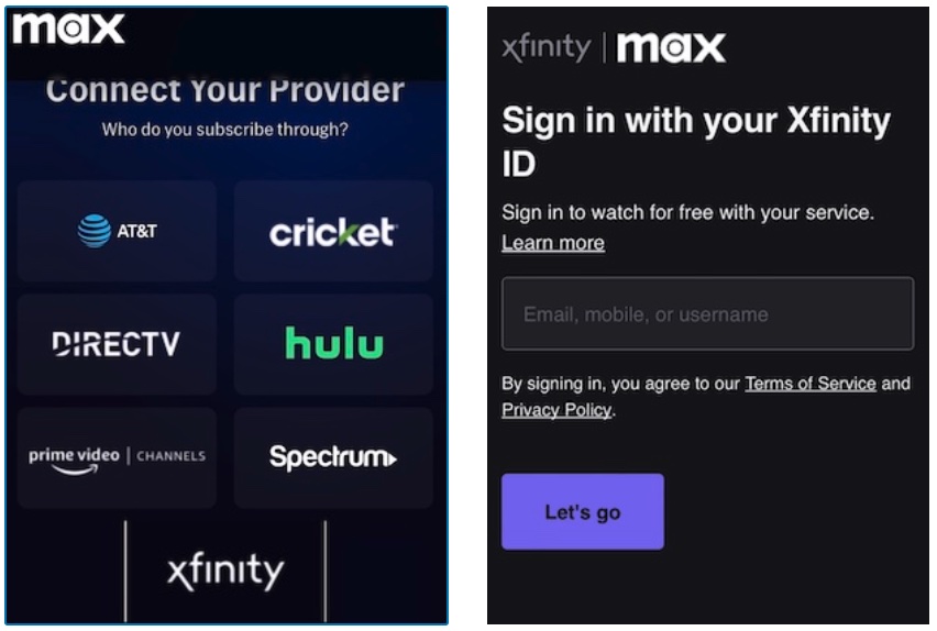 connect provider and sign into max