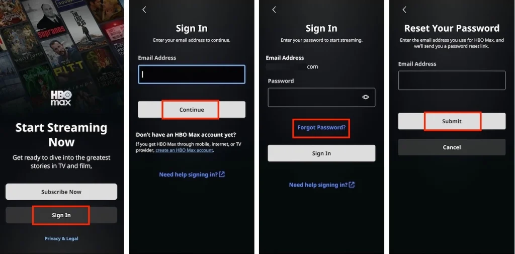 reset hbo max password mobile