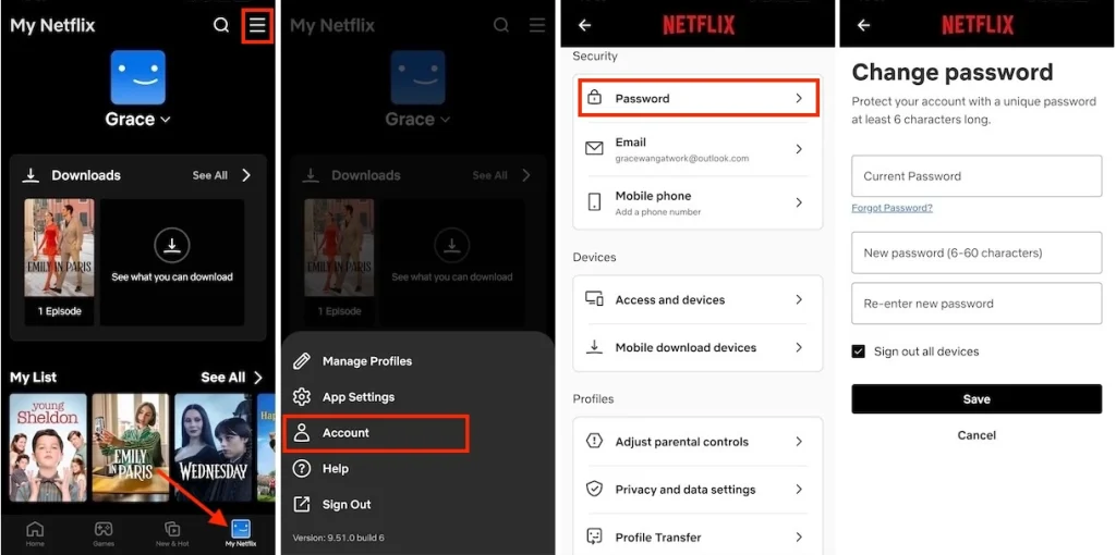 Change password on Netflix app