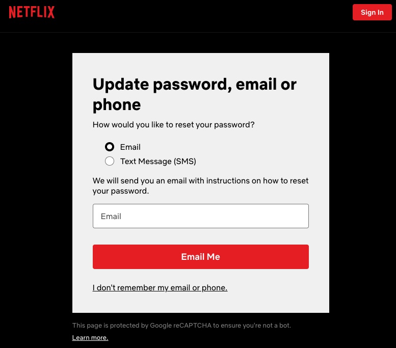 Netflix reset password via email