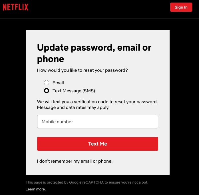 Netflix reset password via mobile