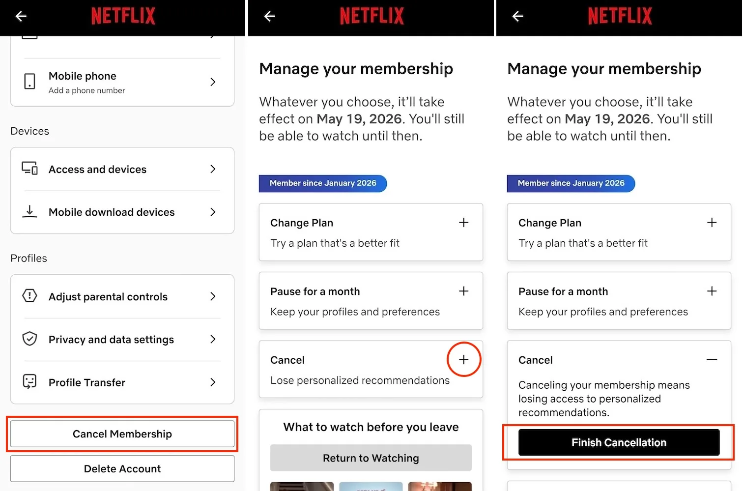 Cancel Netflix membership with the mobile app