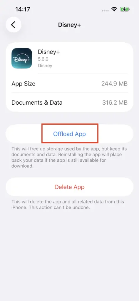 Offload Disney+ on iOS